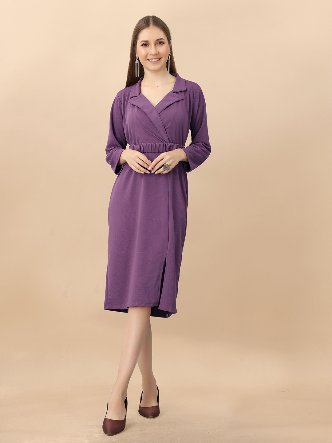 

Fashion FRICKS Solid Cuban Shirt Collar Casual Sheath Midi Dress, Purple