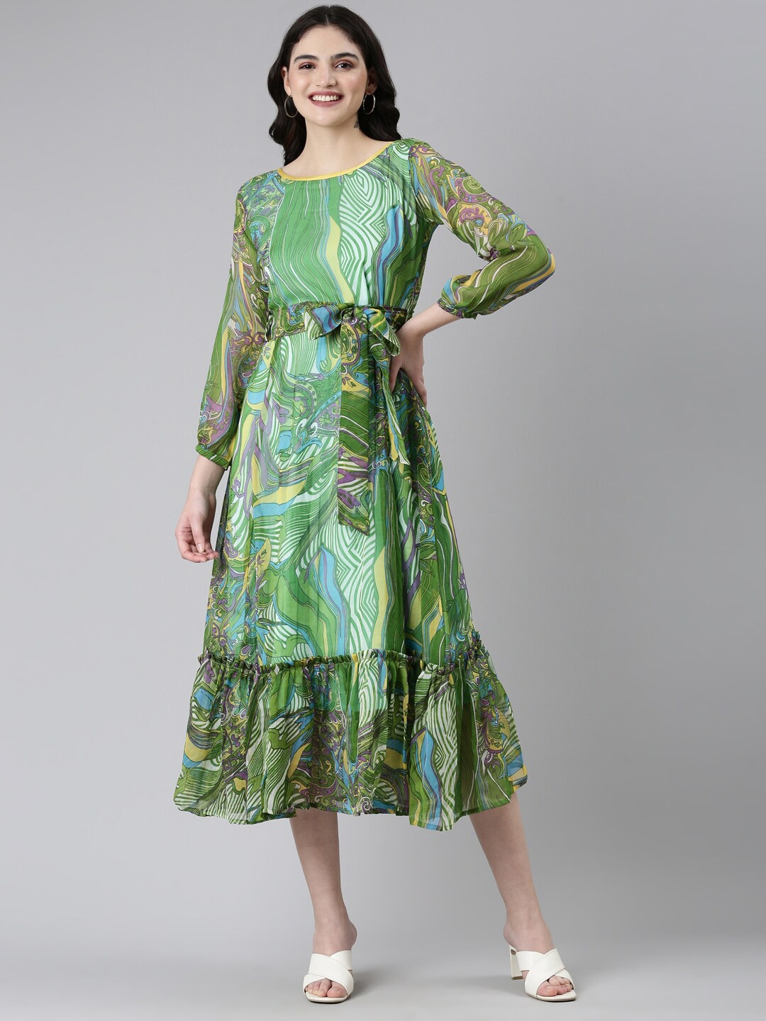 

Souchii Floral Print Puff Sleeve Chiffon A-Line Midi Dress, Green