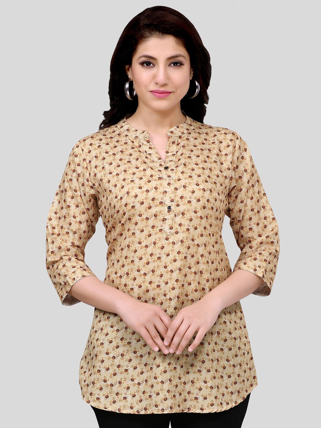 

Saree Swarg Floral Printed Mandarin Collar Kurti, Beige