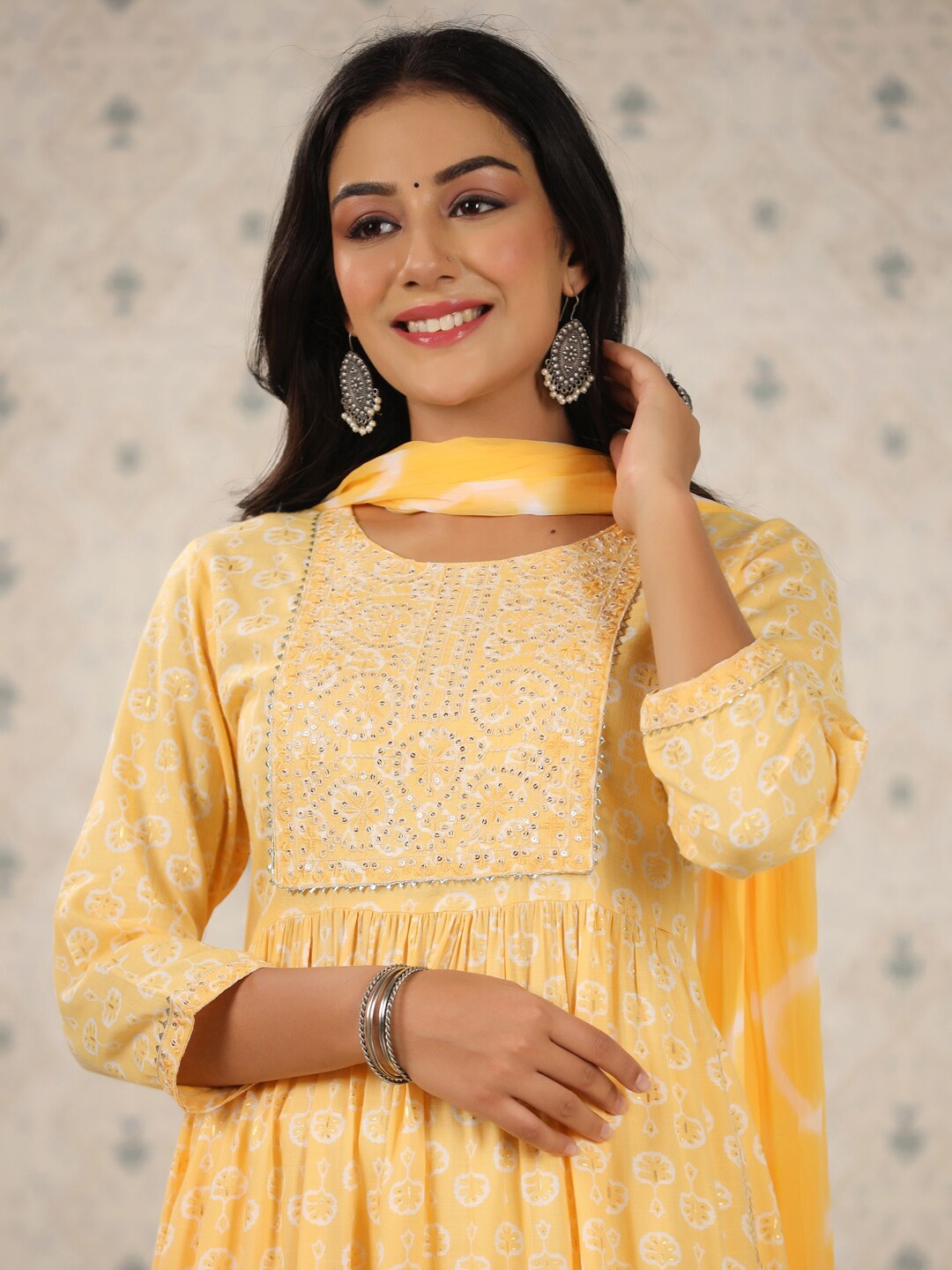 

Ode by House of Pataudi Yellow Printed Empire Kurta with Trousers & Dupatta