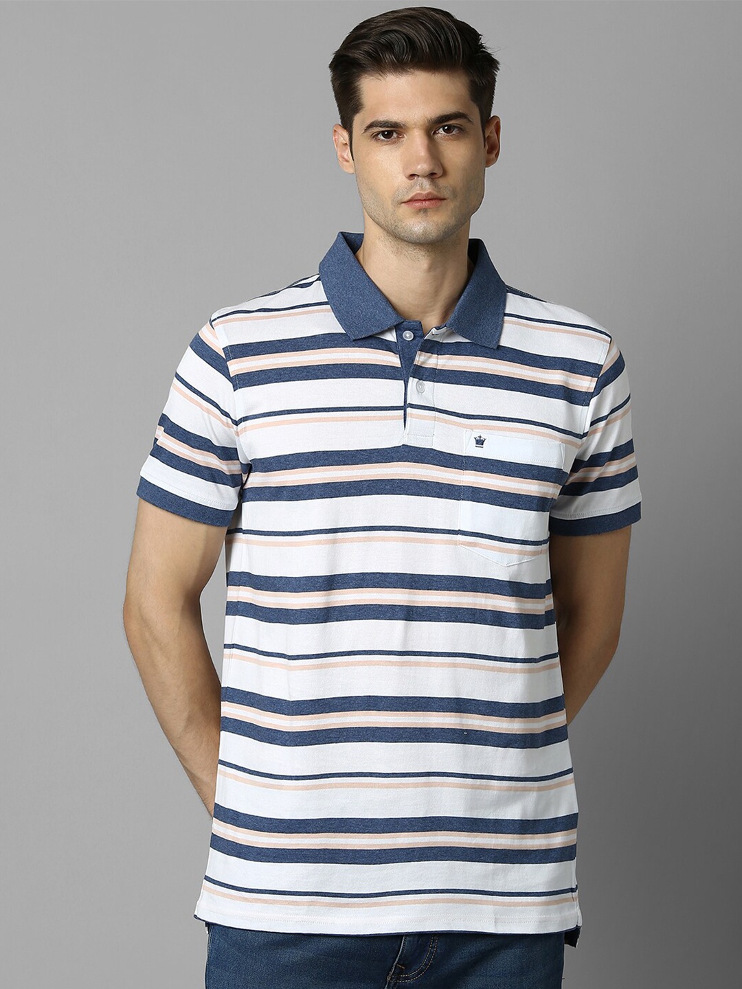 

Louis Philippe Men Striped Cotton Polo Collar Pockets T-shirt, White