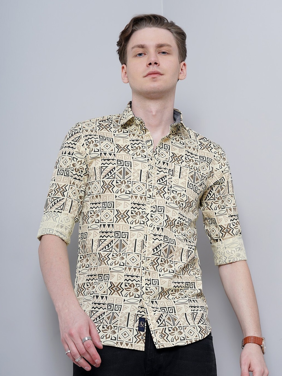 

SORATIA New Abstract Printed Cotton Casual Shirt, Yellow