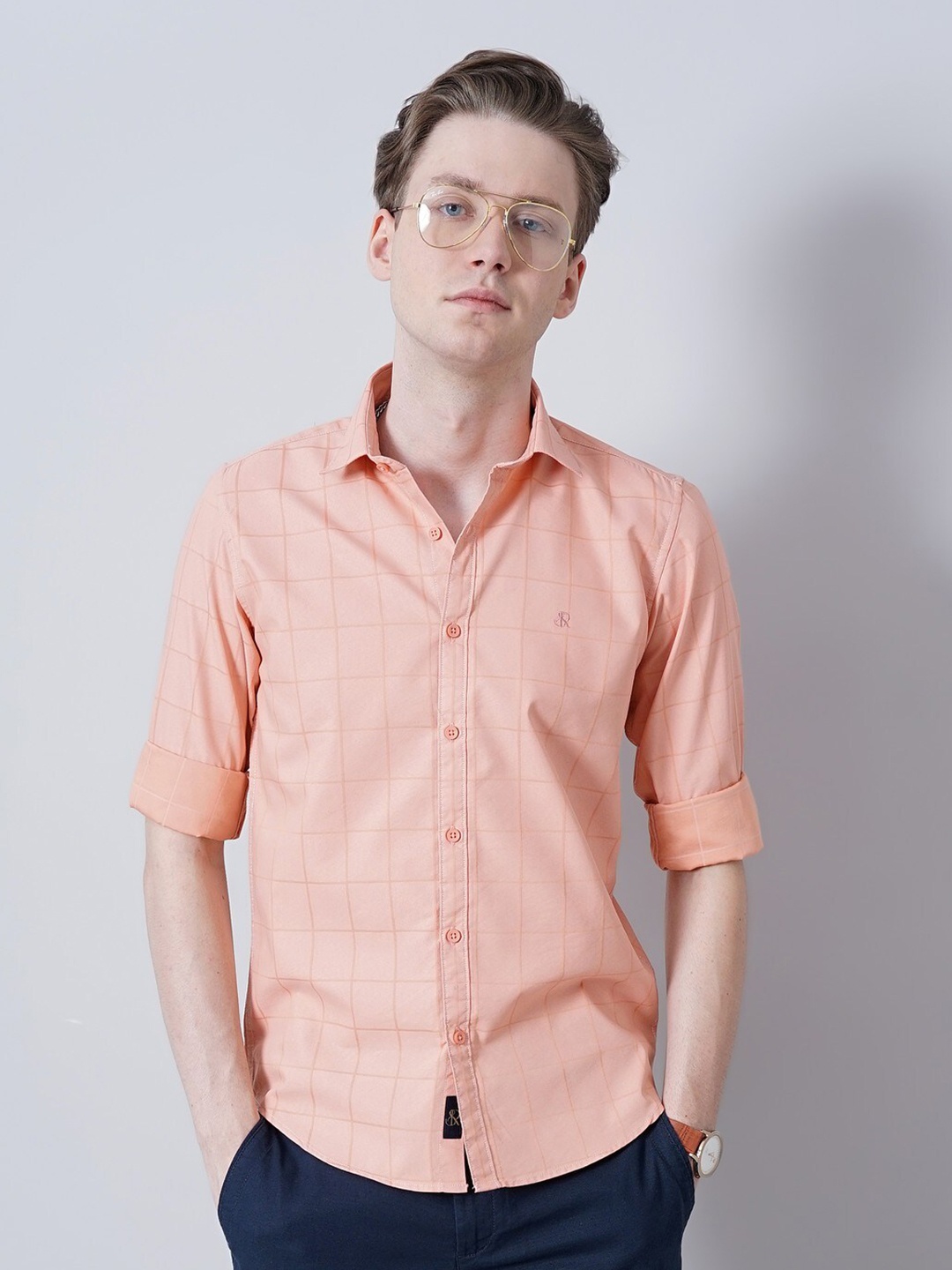 

SORATIA New Checkered Cotton Casual Shirt, Peach