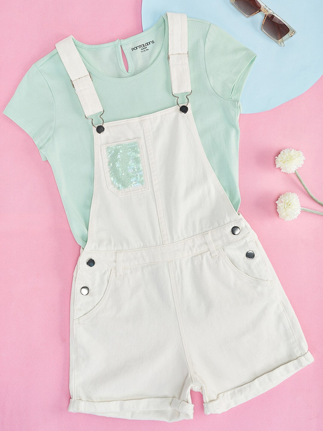 

Pantaloons Junior Girls Embellished Straight Leg Cotton Dungarees, White