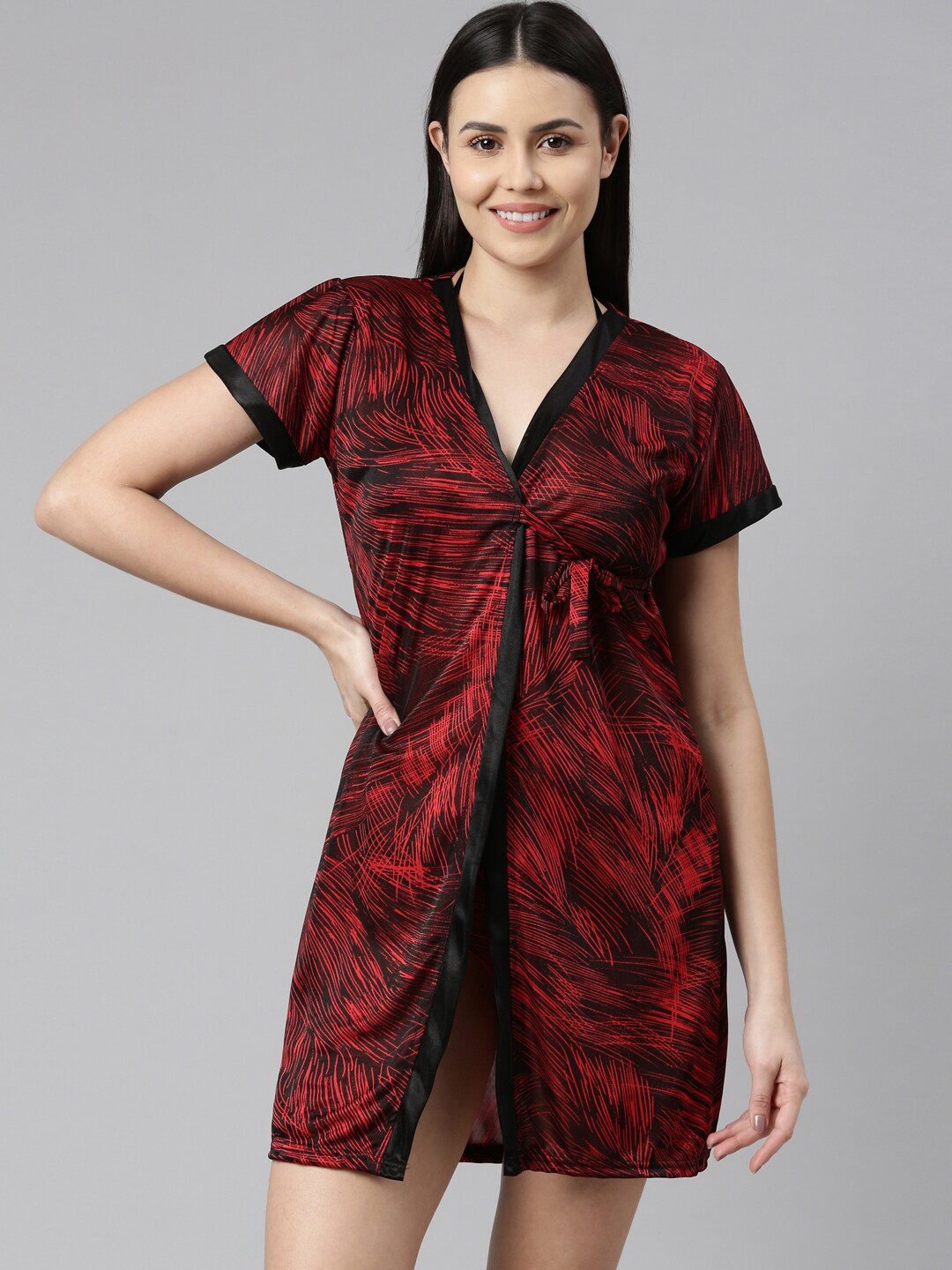 

Bailey sells Abstract Printed V-Neck Satin Wrap Nightdress With Lingerie Set, Red