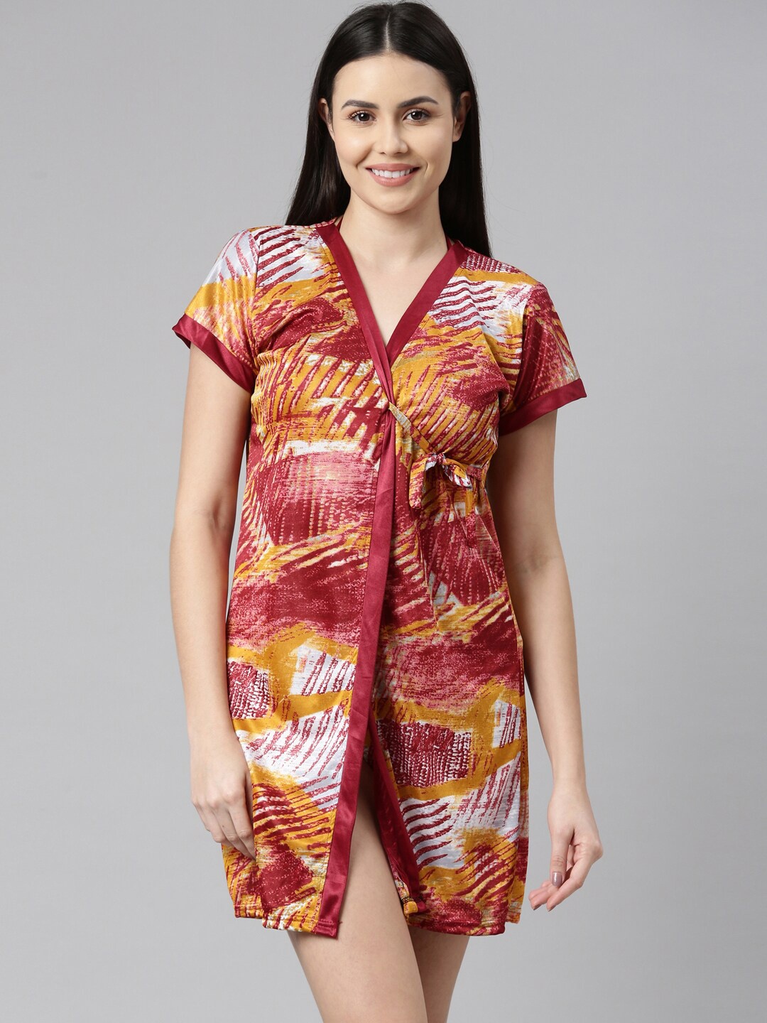

Bailey sells Set Of 3 Abstract Printed Satin Wrap Nightdress With Lingerie Set, Maroon