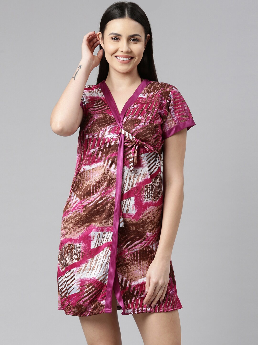 

Bailey sells Set Of 3 Abstract Printed Satin Wrap Nightdress With Lingerie Set, Magenta