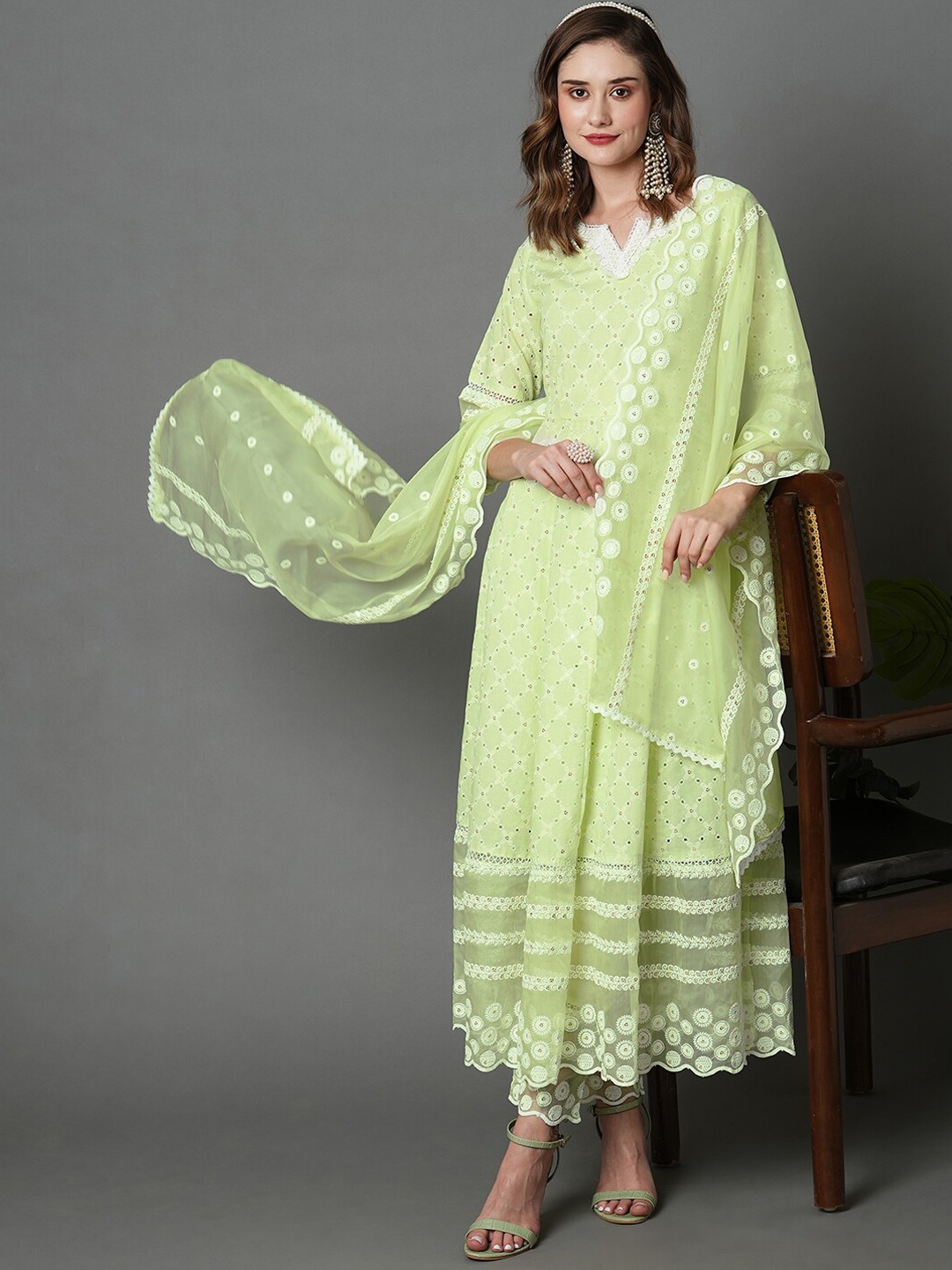 

HEEPOSH Empire Chikankari Pure Cotton Kurta with Trousers & With Dupatta, Green