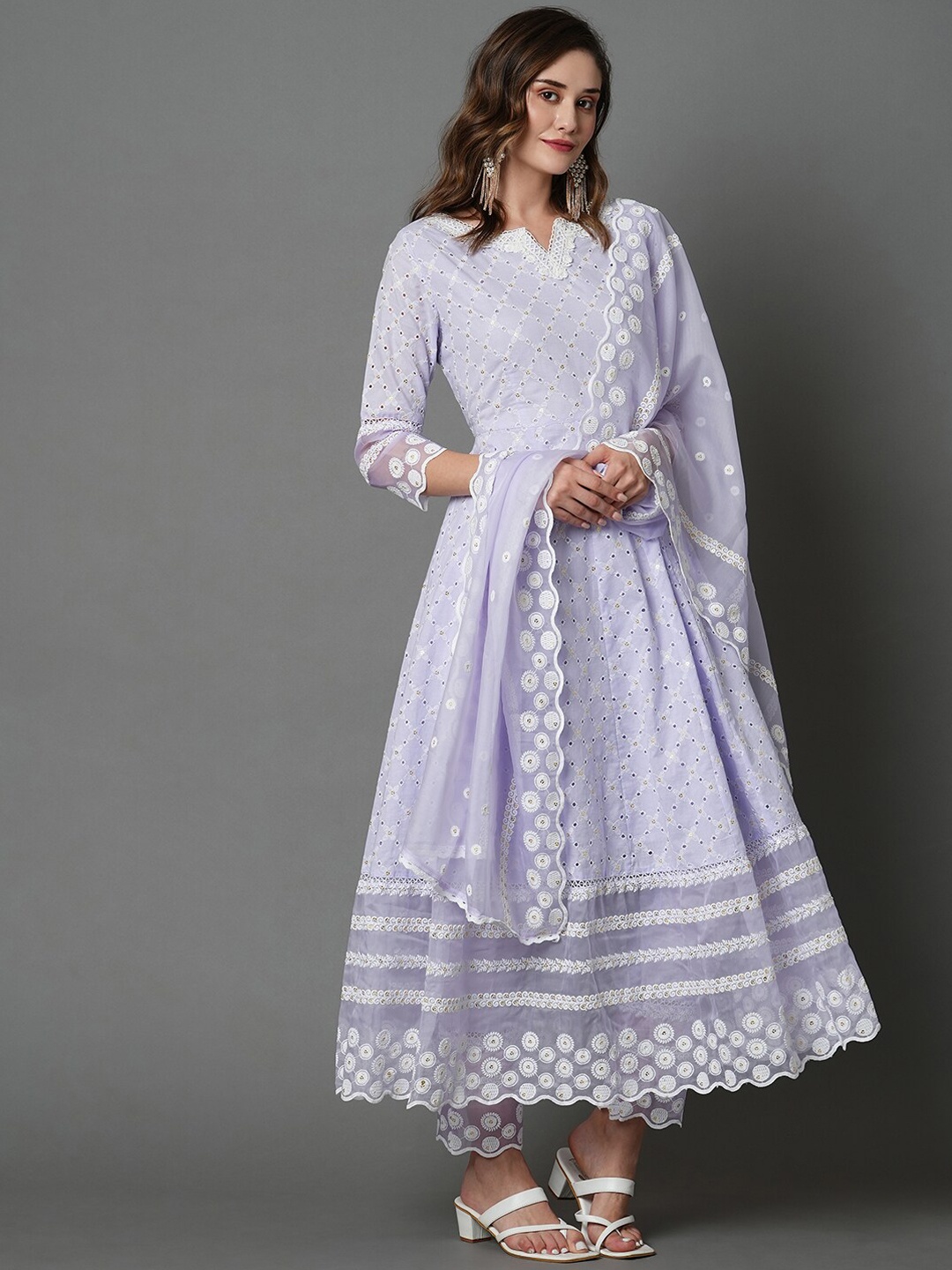 

HEEPOSH Empire Chikankari Pure Cotton Kurta with Trousers & With Dupatta, Purple