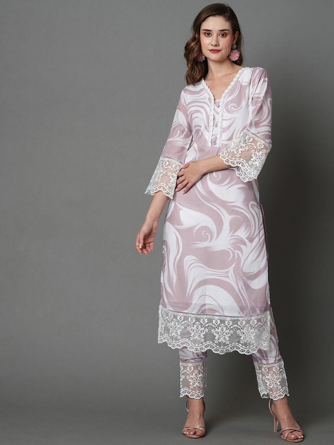 

HEEPOSH Abstract Printed Pure Cotton Kurta with Trousers & With Dupatta, Mauve