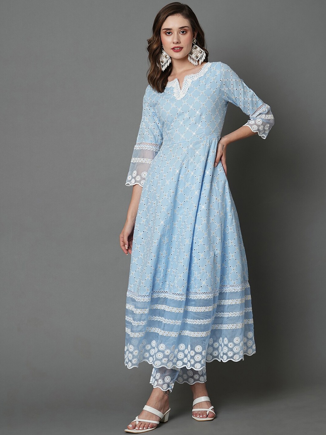 

HEEPOSH Empire Chikankari Pure Cotton Kurta with Trousers & With Dupatta, Blue