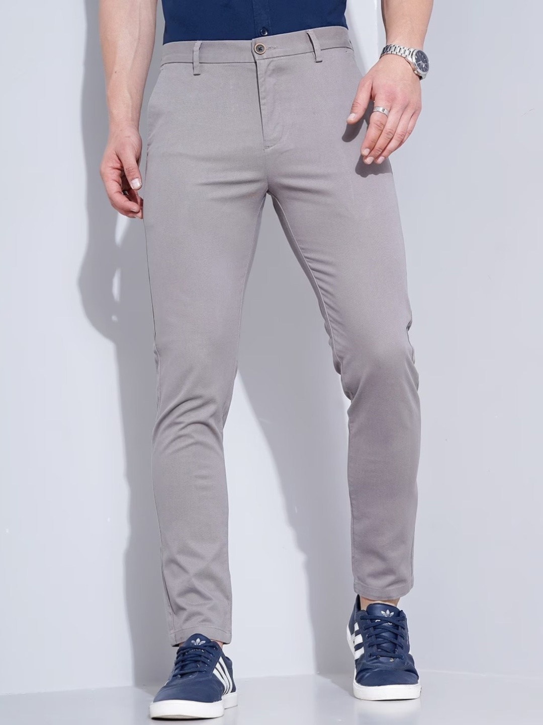 

British Club Men Smart Slim Fit Mid-Rise Chinos Trousers, Grey