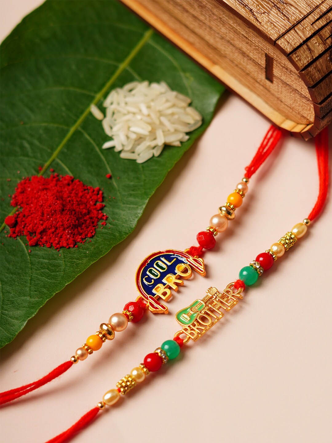 

Ferosh Set of 2 Beaded Cool Brother Rakhis, Red