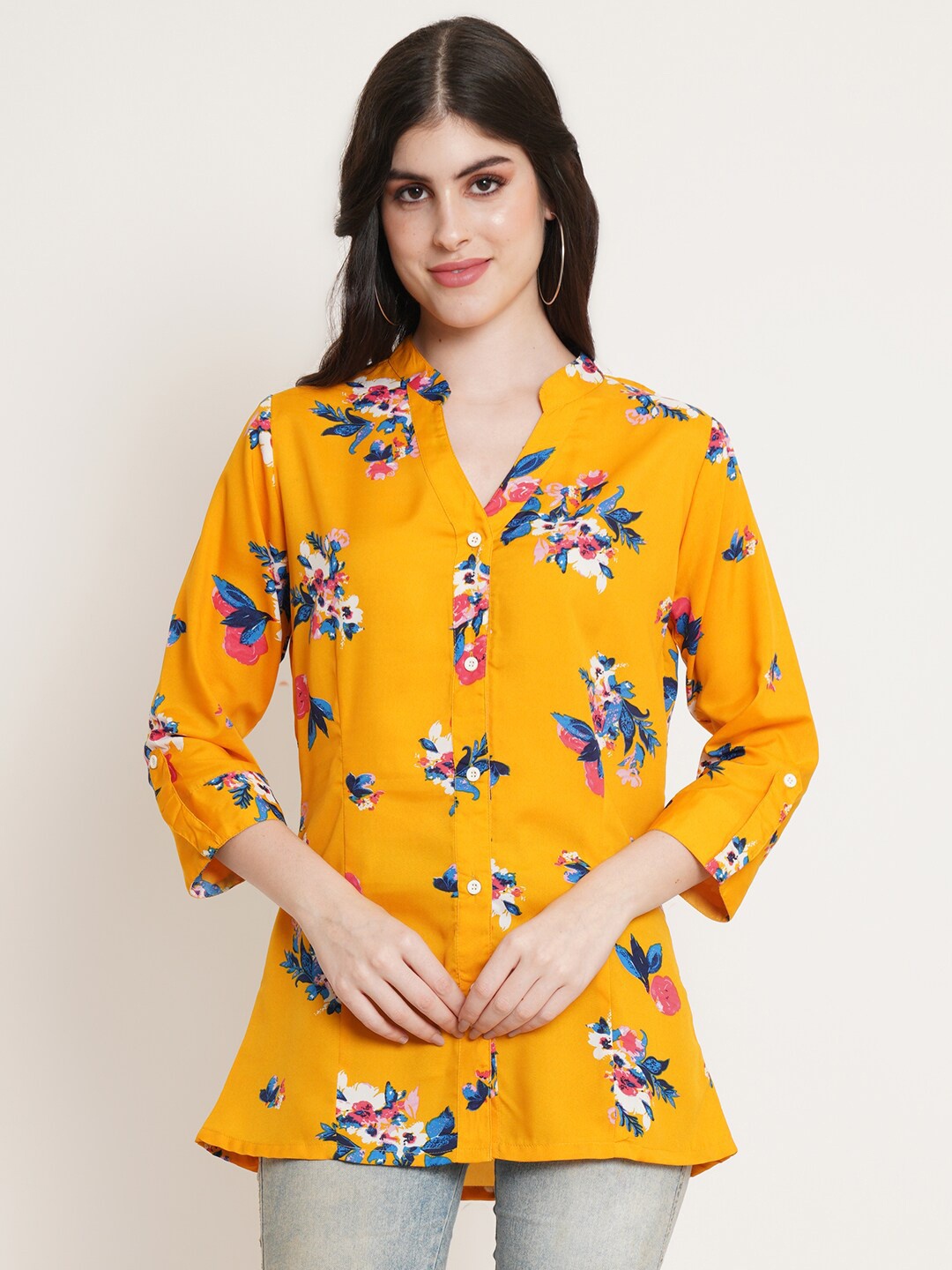 

U&F Beyond Floral Printed Mandarin Collar Shirt Style Longline Top, Yellow