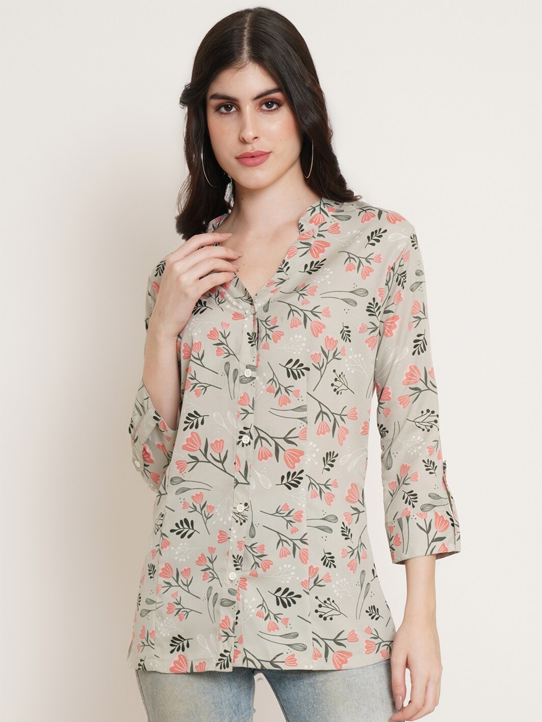 

U&F Beyond Floral Print Mandarin Collar Roll-Up Sleeves Shirt Style Longline Top, Grey