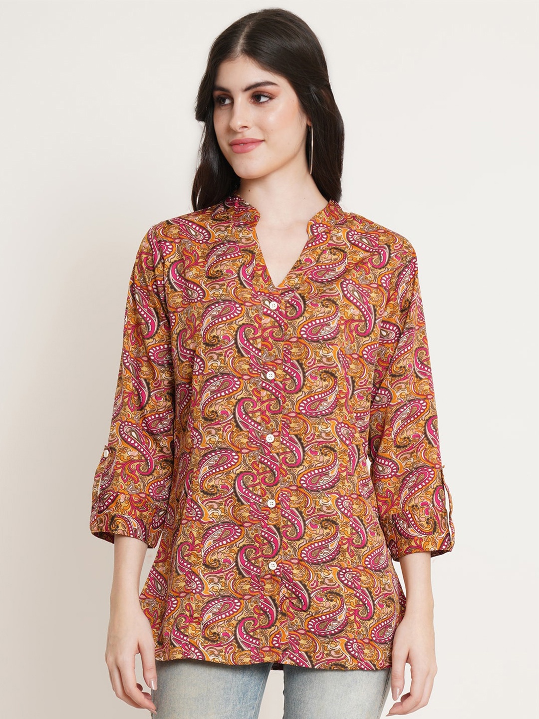 

U&F Beyond Paisley Print Mandarin Collar Shirt Style Longline Top, Rust