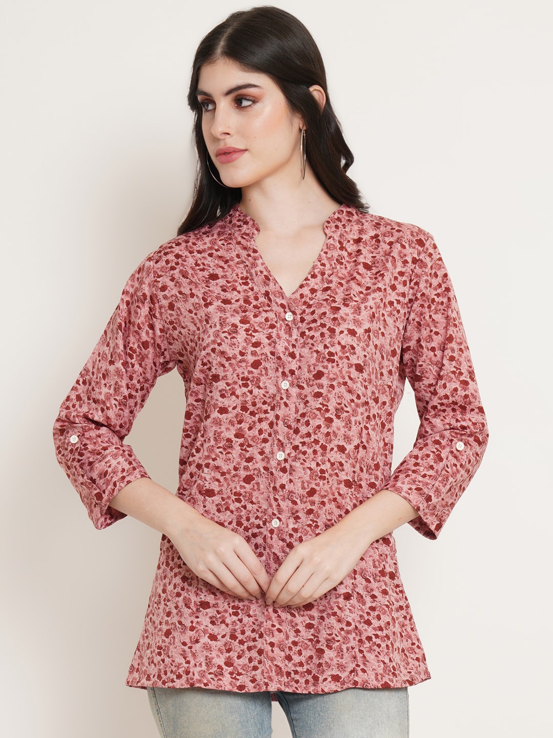 

U&F Beyond Floral Printed Mandarin Collar Shirt Style Longline Top, Pink