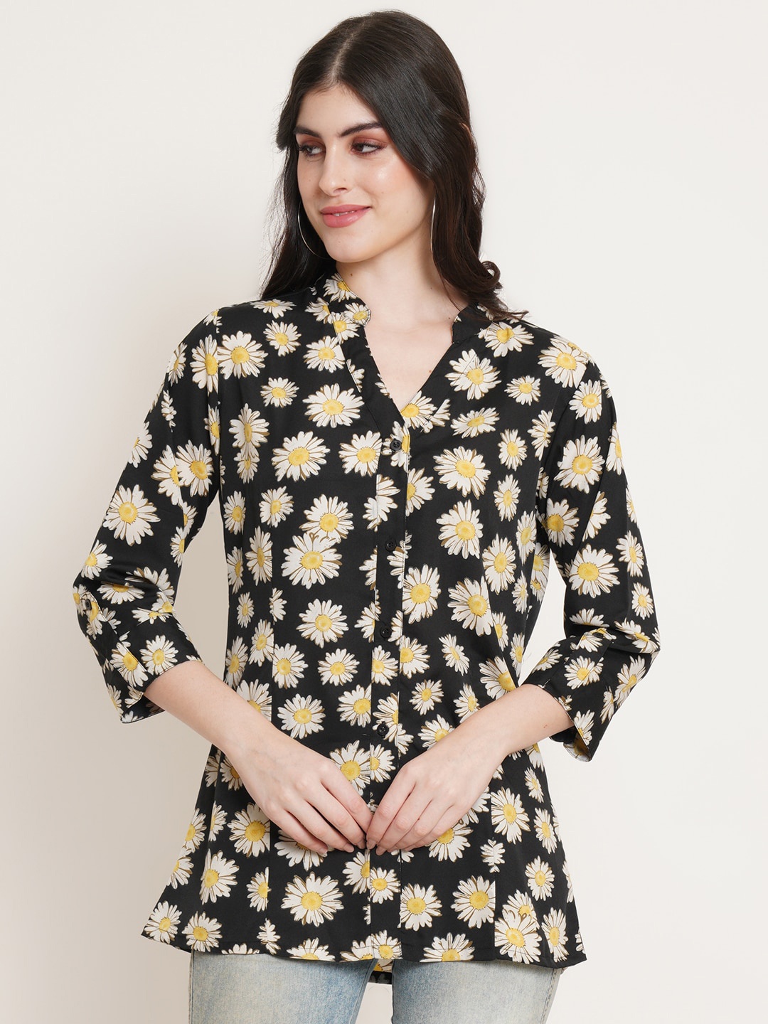 

U&F Beyond Floral Printed Mandarin Collar Shirt Style Longline Top, Black