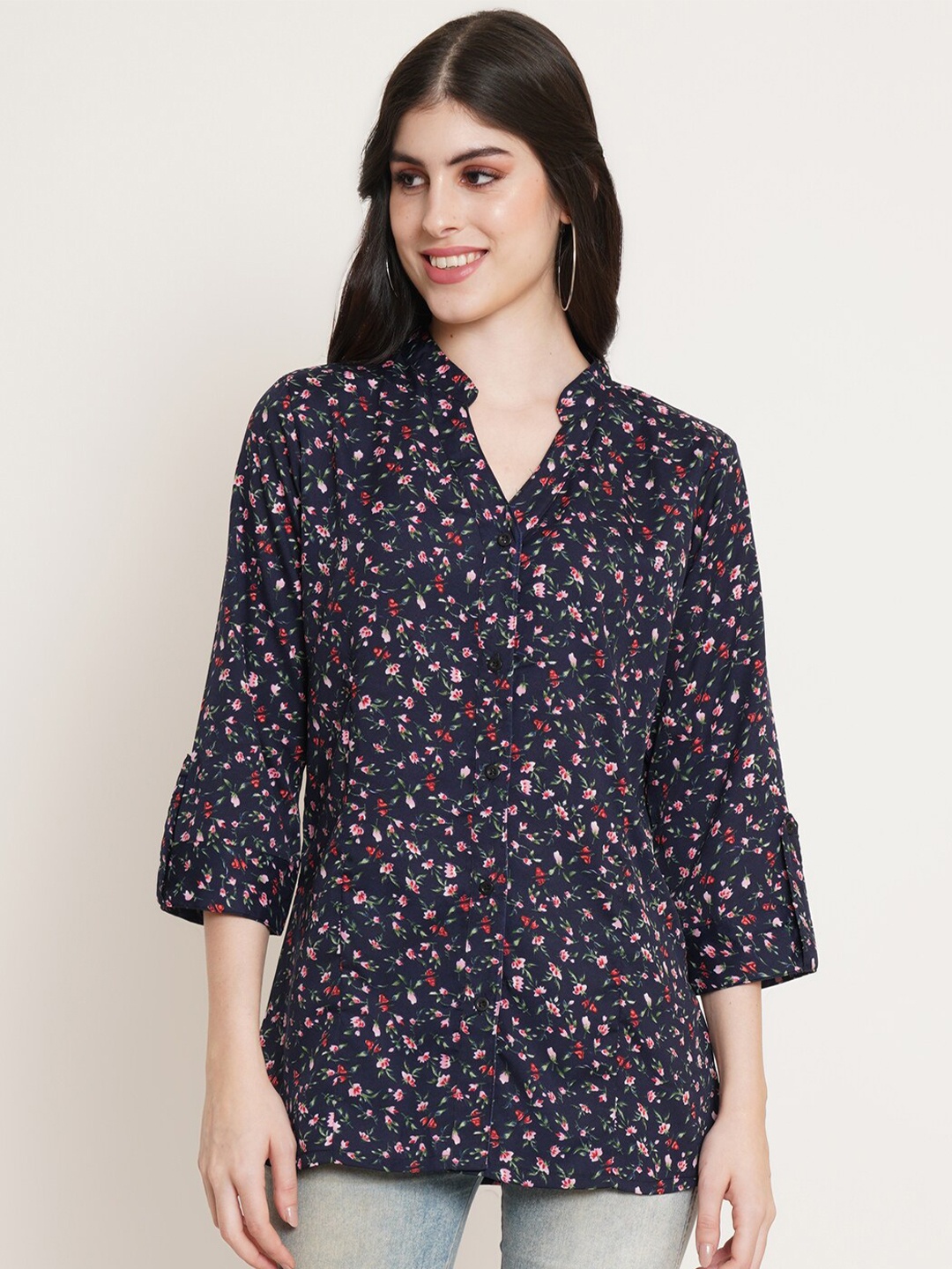

U&F Beyond Floral Printed Mandarin Longline Top, Navy blue