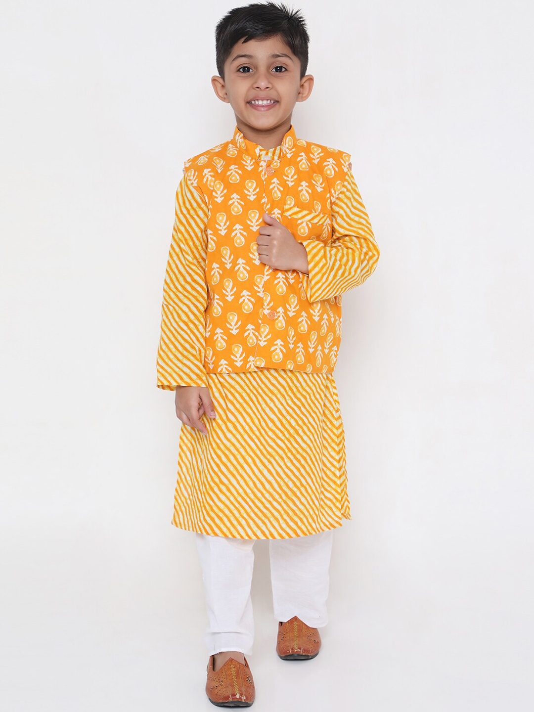 

KID1 Boys Striped Regular Pure Cotton Kurta With Pyjamas, Yellow