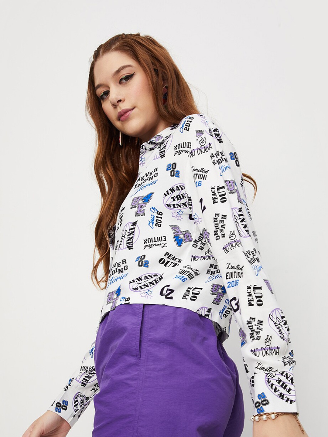 

max Typography Printed Crop Shirt, White