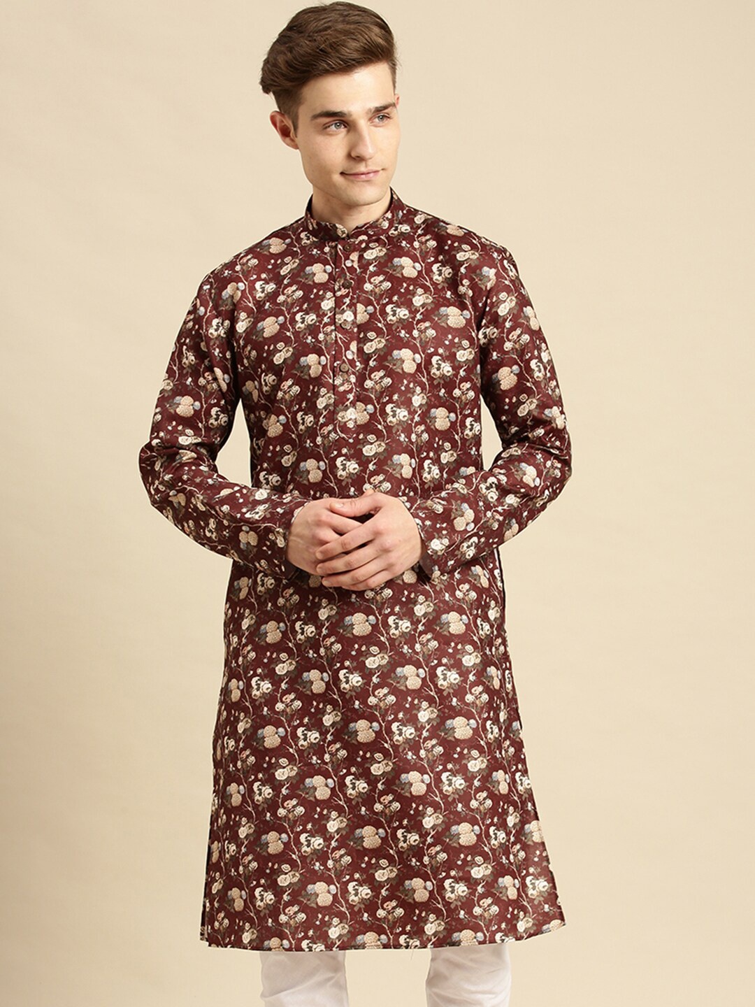 Sanwara Floral Printed Mandarin Collar Straight Kurta, Maroon