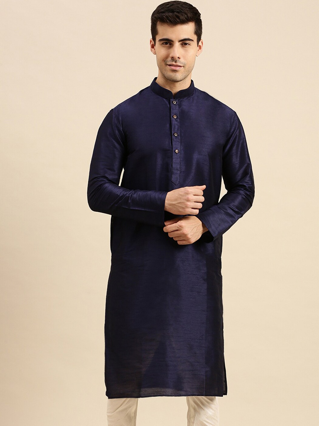 

Sanwara Mandarin Collar Art Silk Kurta, Blue