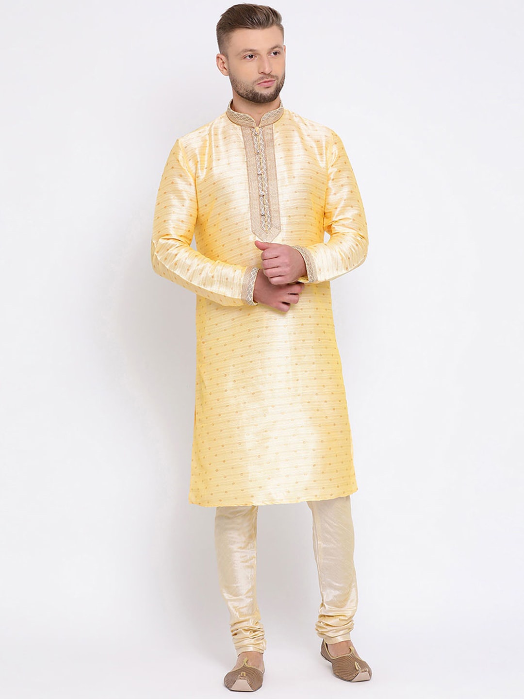 

Sanwara Men Woven Design Art Silk Kurta, Beige