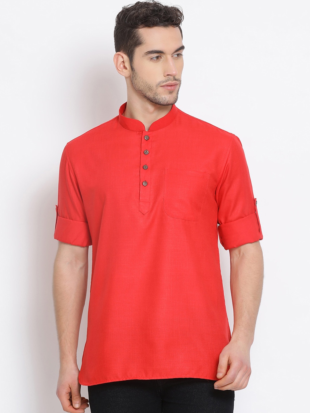

Sanwara Mandarin Collar Cotton Straight Short Kurta, Red