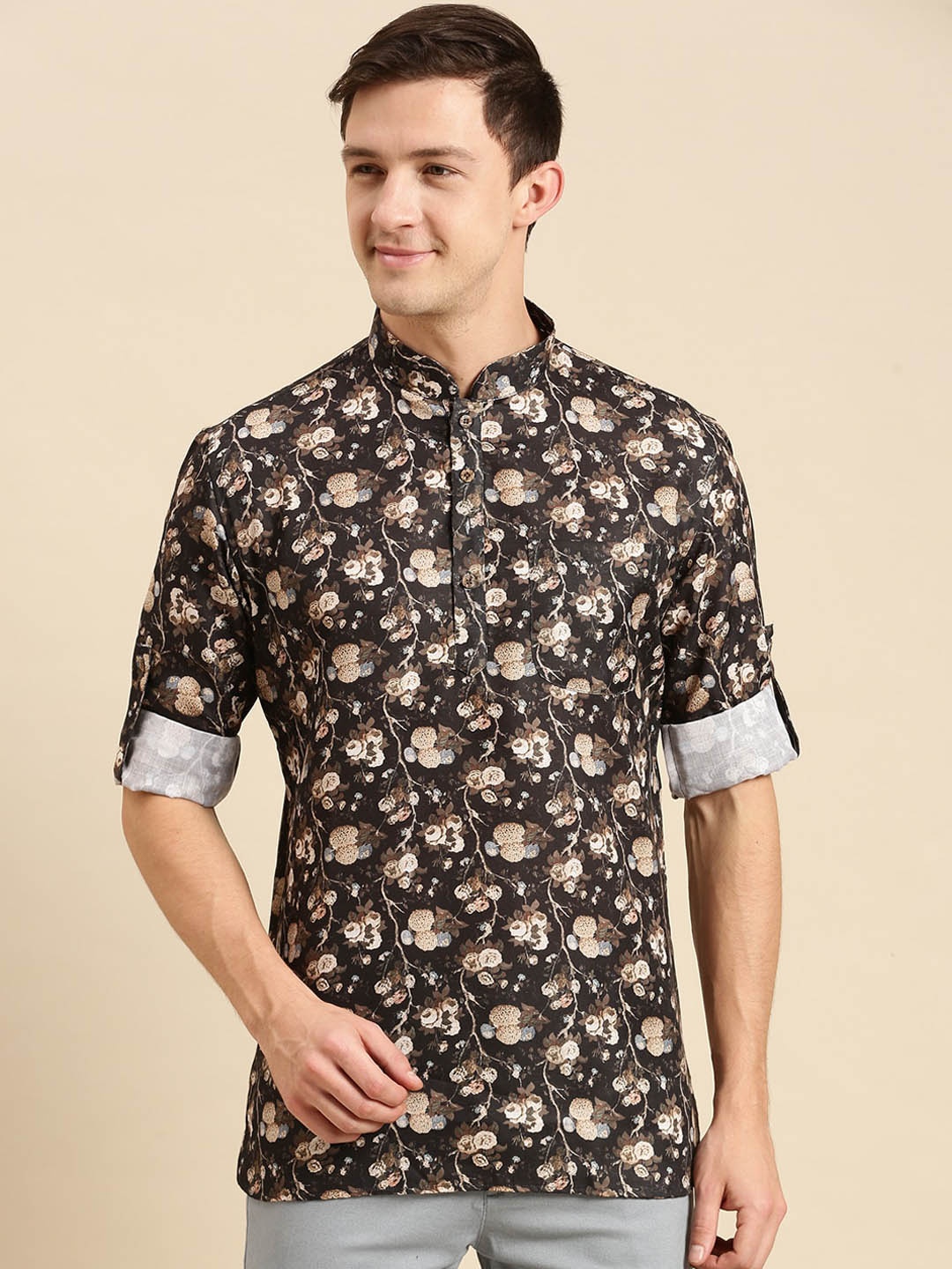 Sanwara Mandarin Collar Floral Cotton Kurta, Coffee brown