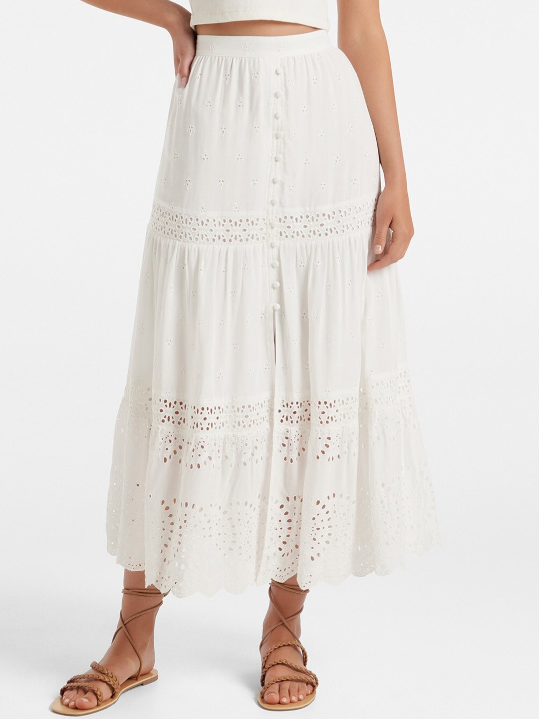 

Forever New Self Design Schiffli Flared Midi Skirt, White
