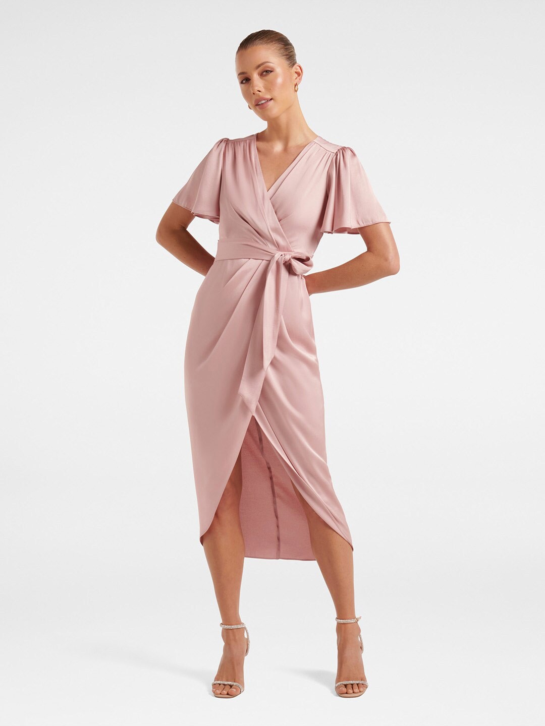 

Forever New Flared Sleeve Tie Up Satin Wrap Dress, Peach