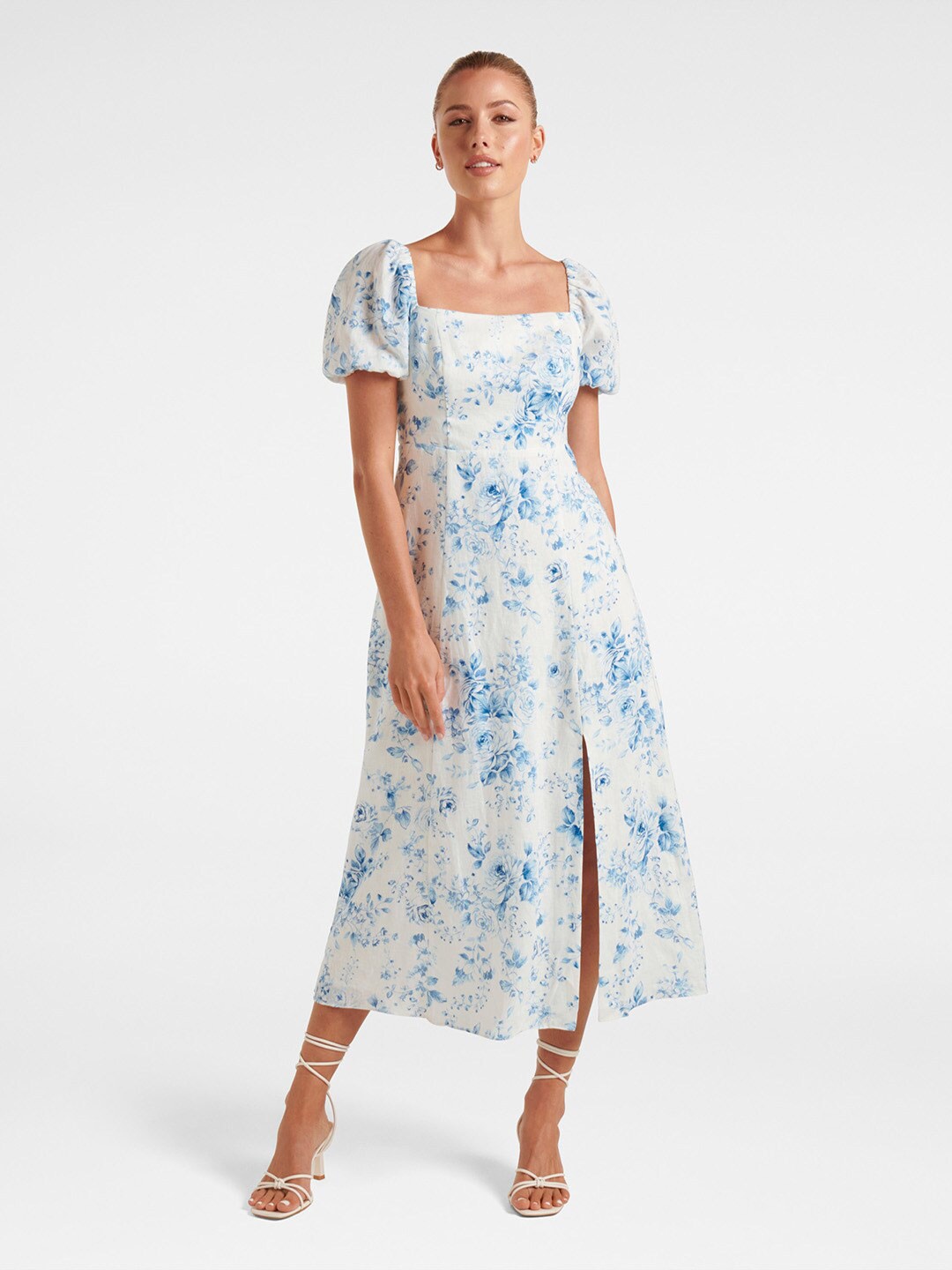 Forever New Linen Floral Printed Fit & Flare Midi Dress, White