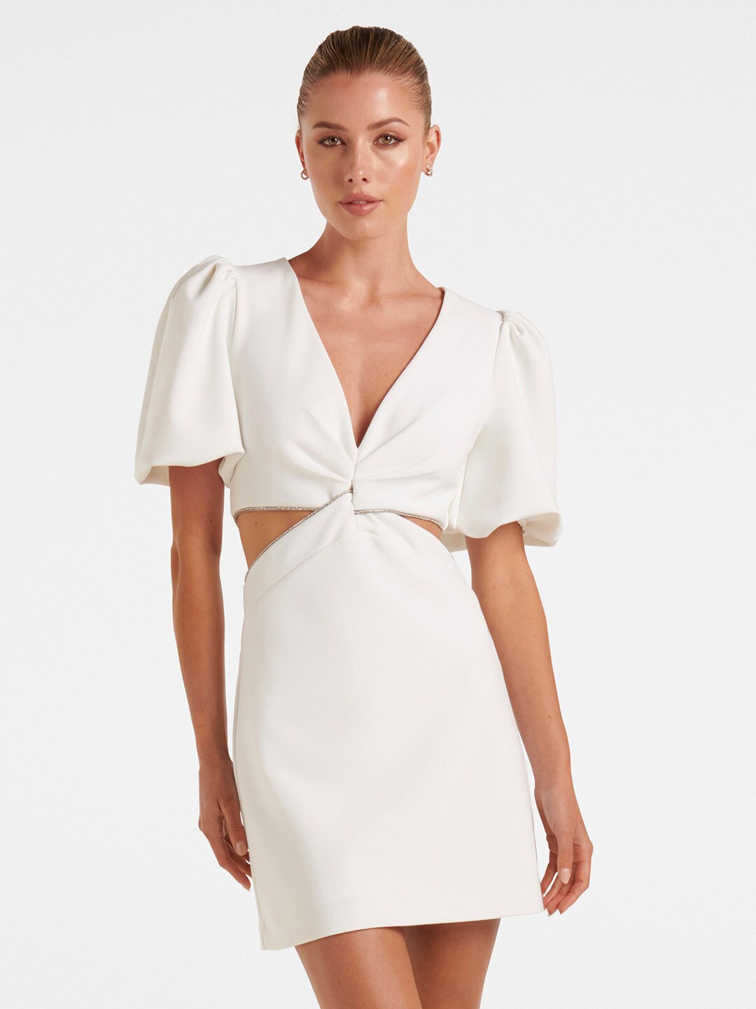 

Forever New Solid Puff Sleeve Cut-Outs Sheath Mini Dress, White