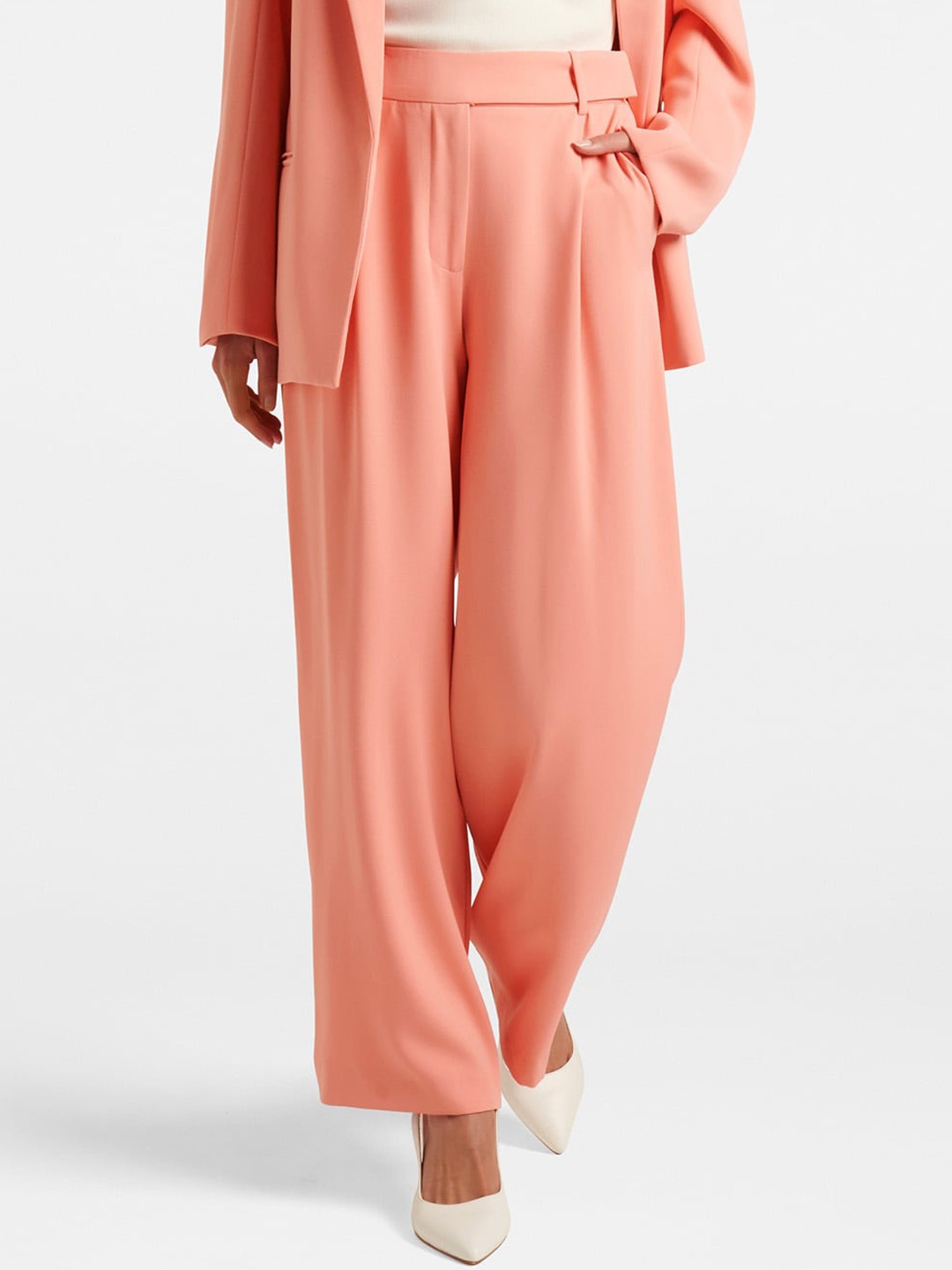 

Forever New Women High-Rise Pleated Trousers, Peach