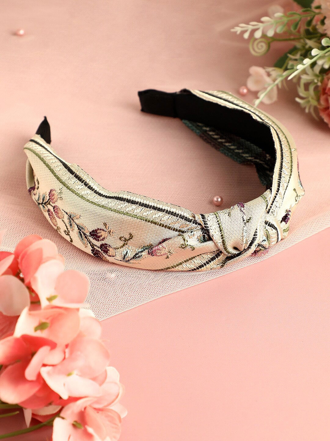 SOHI Floral Woven Design Knot Detail Hairband, Black