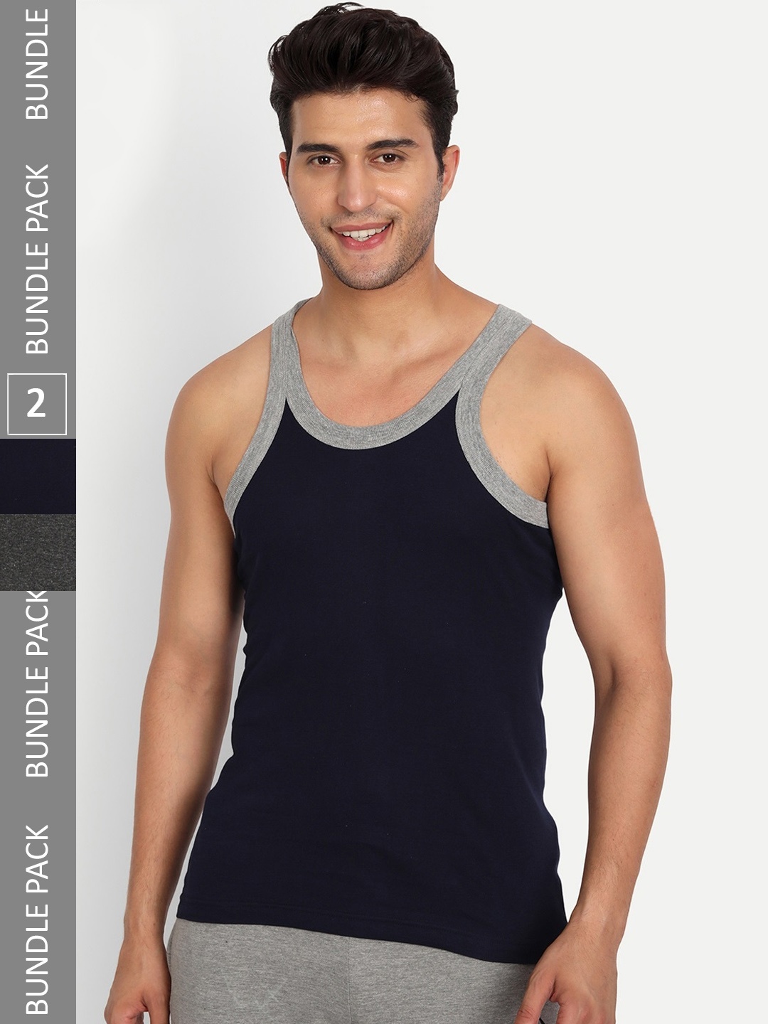 

T.T. Men Pack Of 2 Titanic Pure Cotton Ribbed Gym Basic Vests, Navy blue