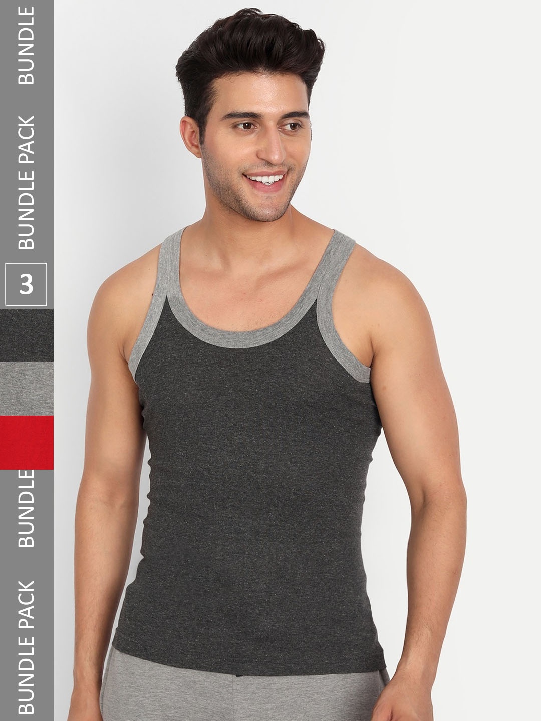 

T.T. Titanic Pure Cotton Pack Of 3 Ribbed Gym Basic Vests, Grey melange