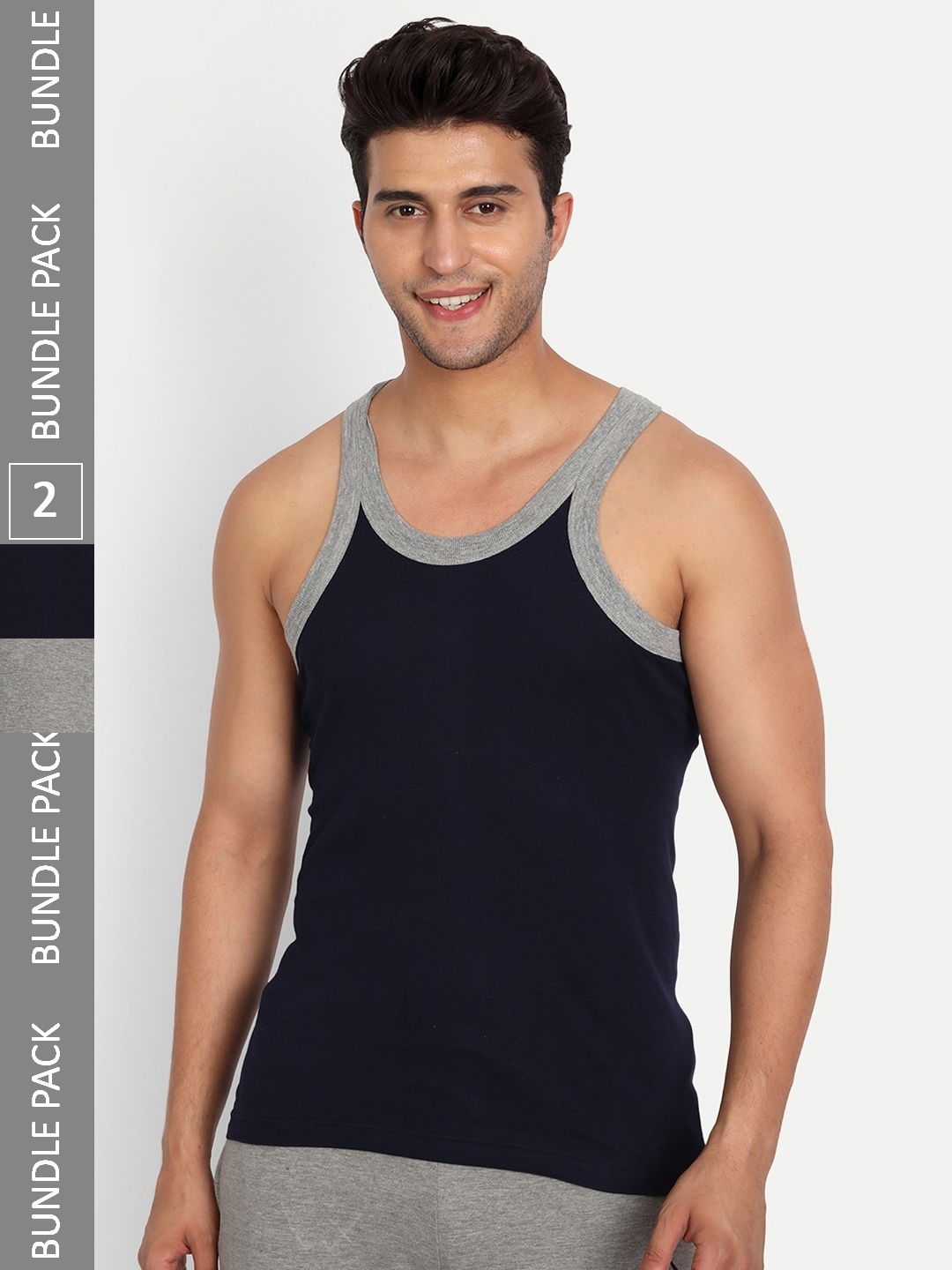 

T.T. Men Titanic Pure Cotton Gym Pack Of 2 Ribbed Basic Vests, Grey