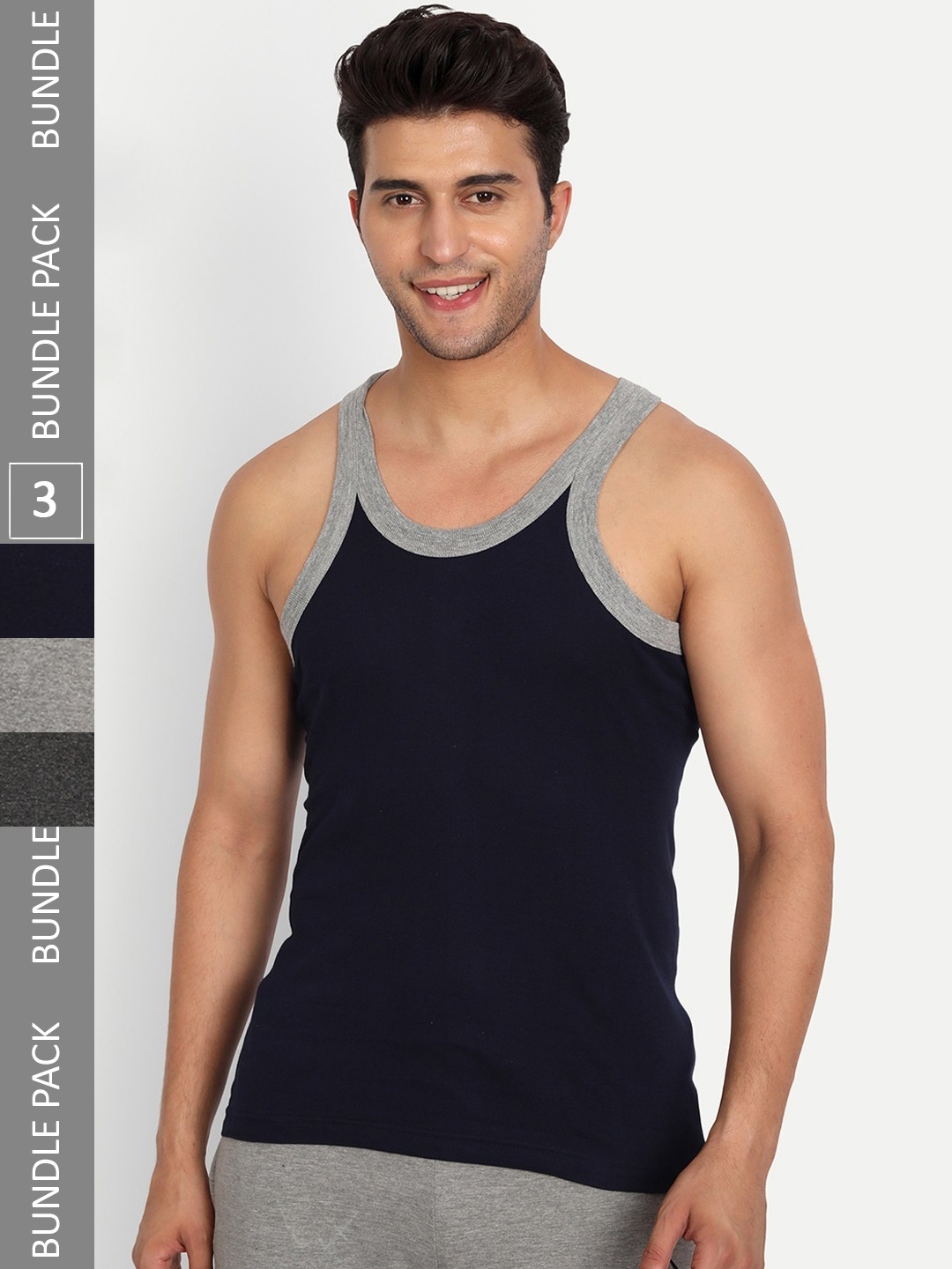 

T.T. Men Pack Of 3 Titanic Pure Cotton Ribbed Gym Basic Vests, Grey melange