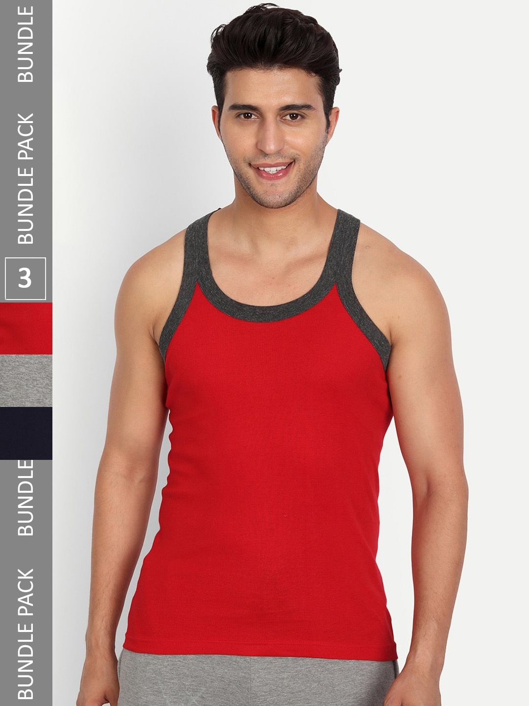 

T.T. Men Pack Of 3 Titanic Pure Cotton Ribbed Gym Basic Vests, Grey melange