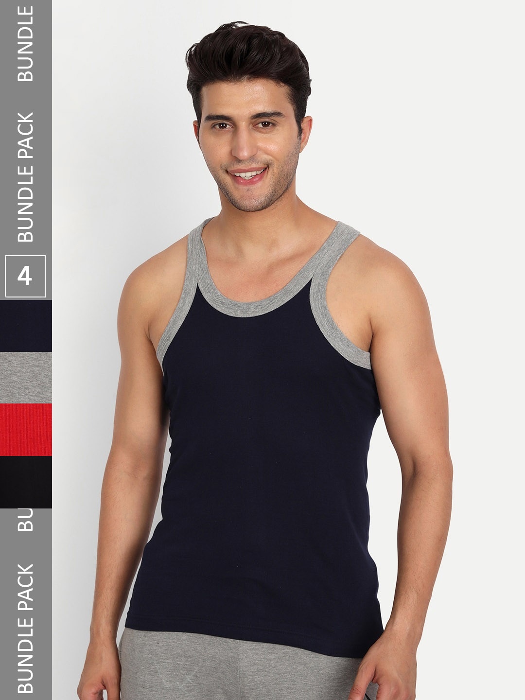 

T.T. Men Titanic Pure Cotton Gym Pack Of 4 Ribbed Basic Vests, Blue