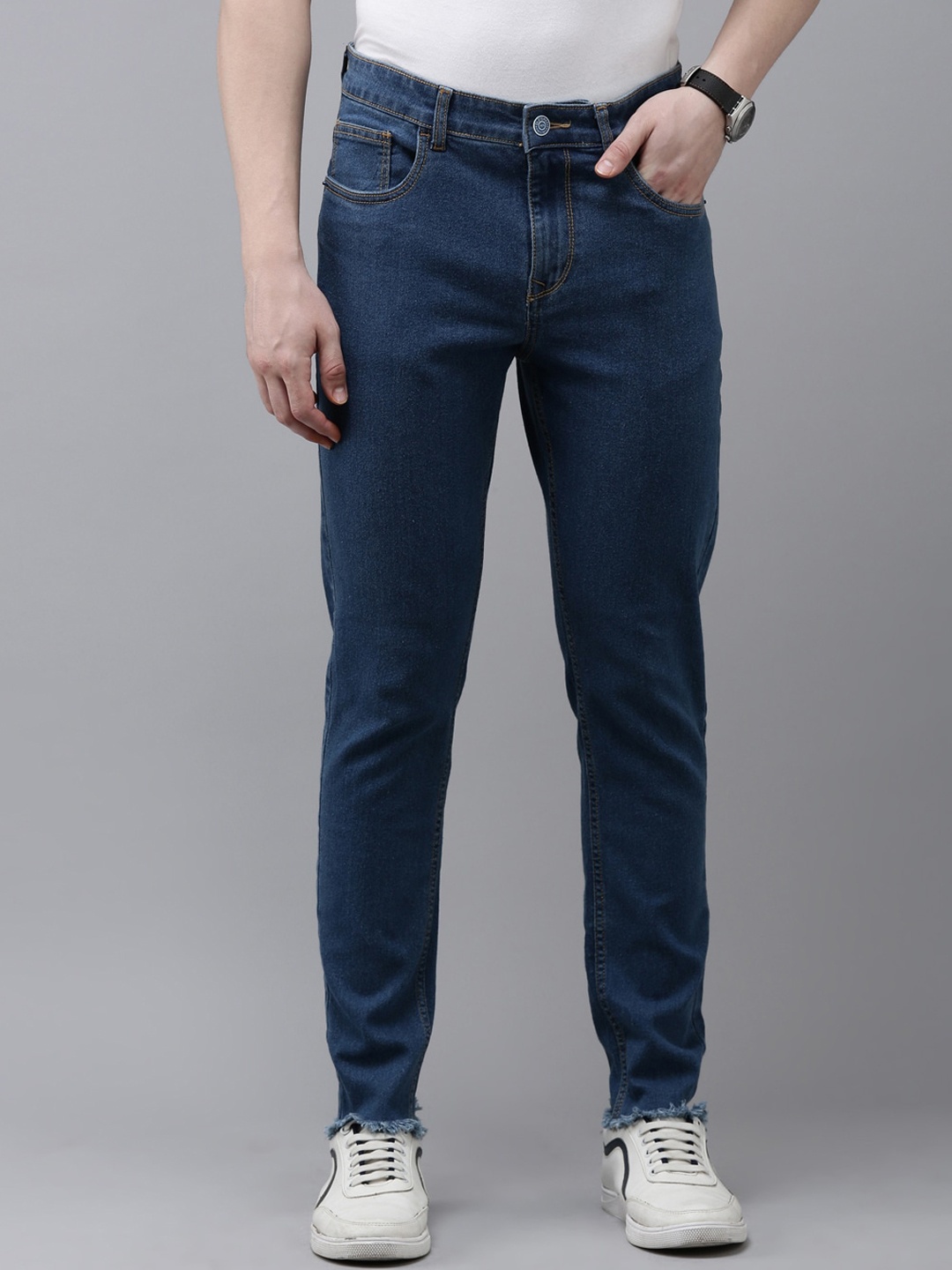 

Old Grey Men Slim Fit Frayed Denim Stretchable Jeans, Blue