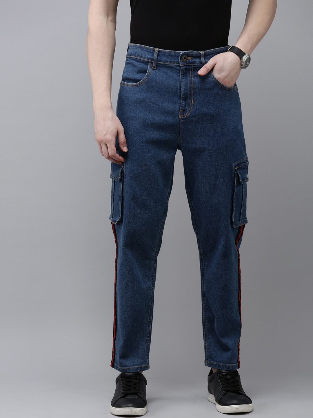 

Old Grey Men Regular Fit Mildly Distressed Cotton Cargo Jeans, Blue