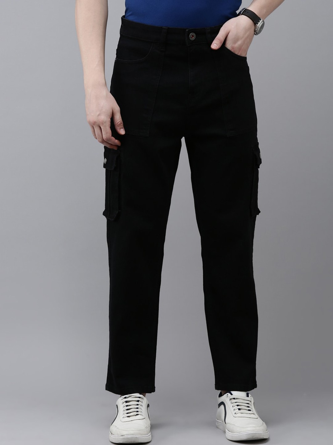 

Old Grey Men Regular Fit Cotton Cargo Jeans, Black