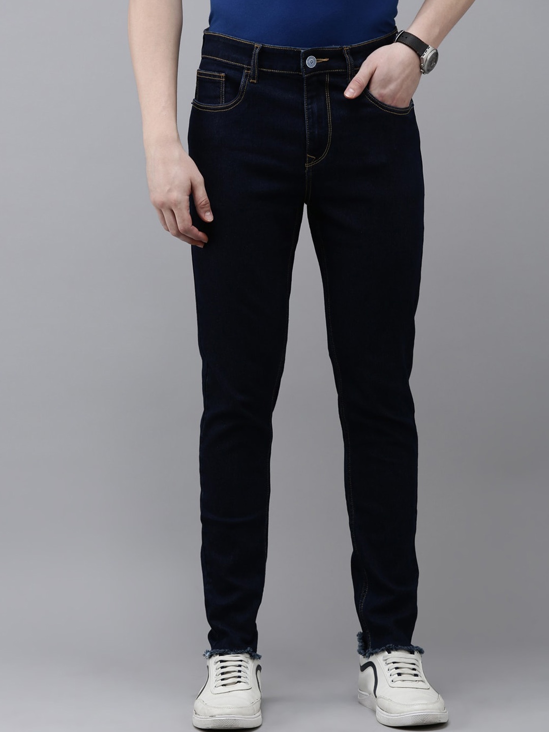 

Old Grey Men Slim Fit Frayed Denim Stretchable Jeans, Blue