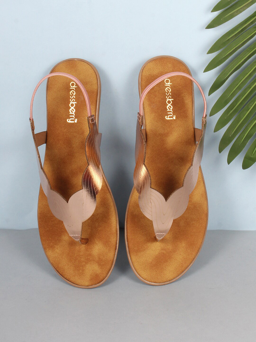 

DressBerry Rose Gold-Toned Textured T-Strap Flats