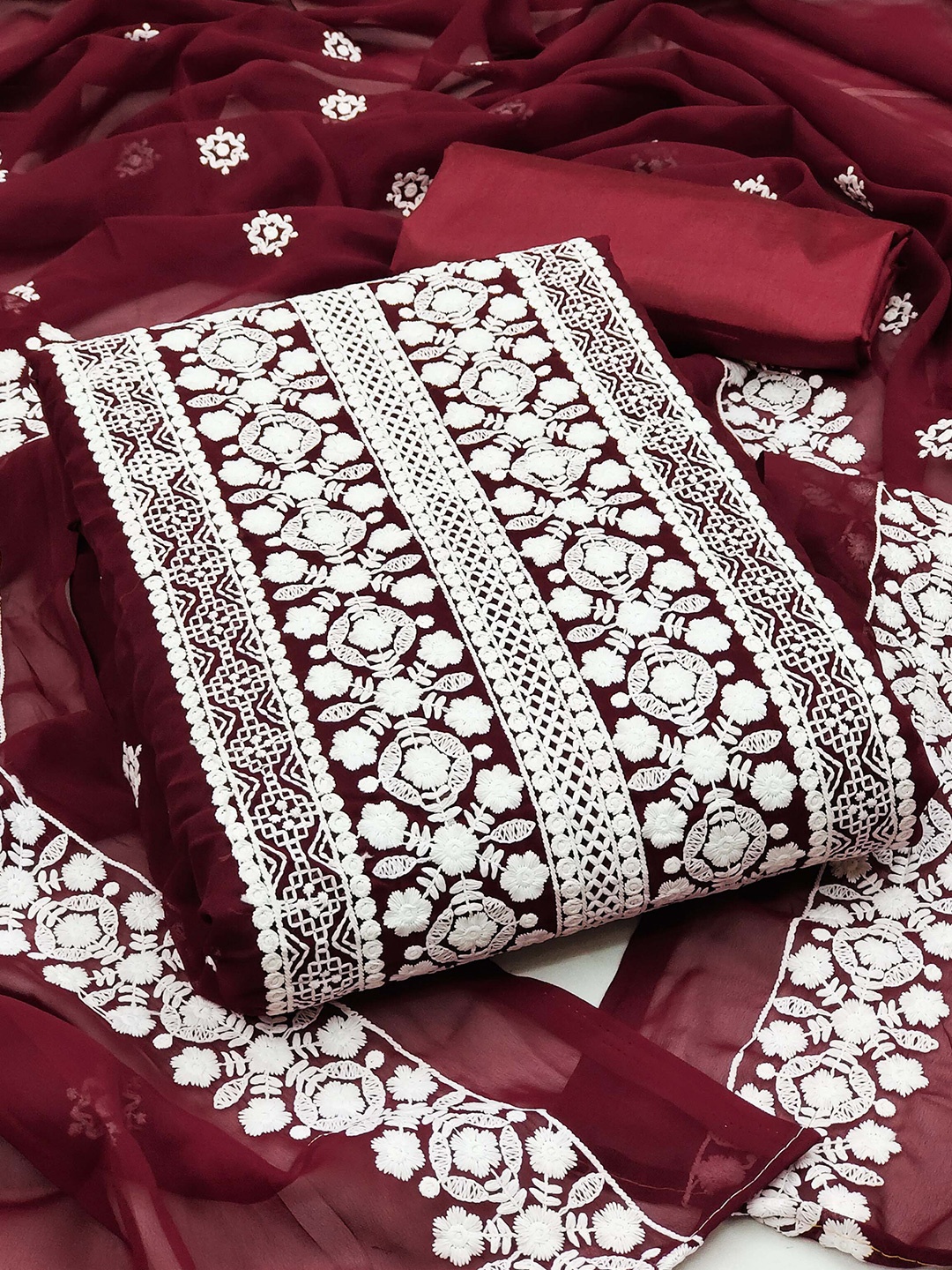

KALINI Embroidered Silk Georgette Unstitched Dress Material, Maroon