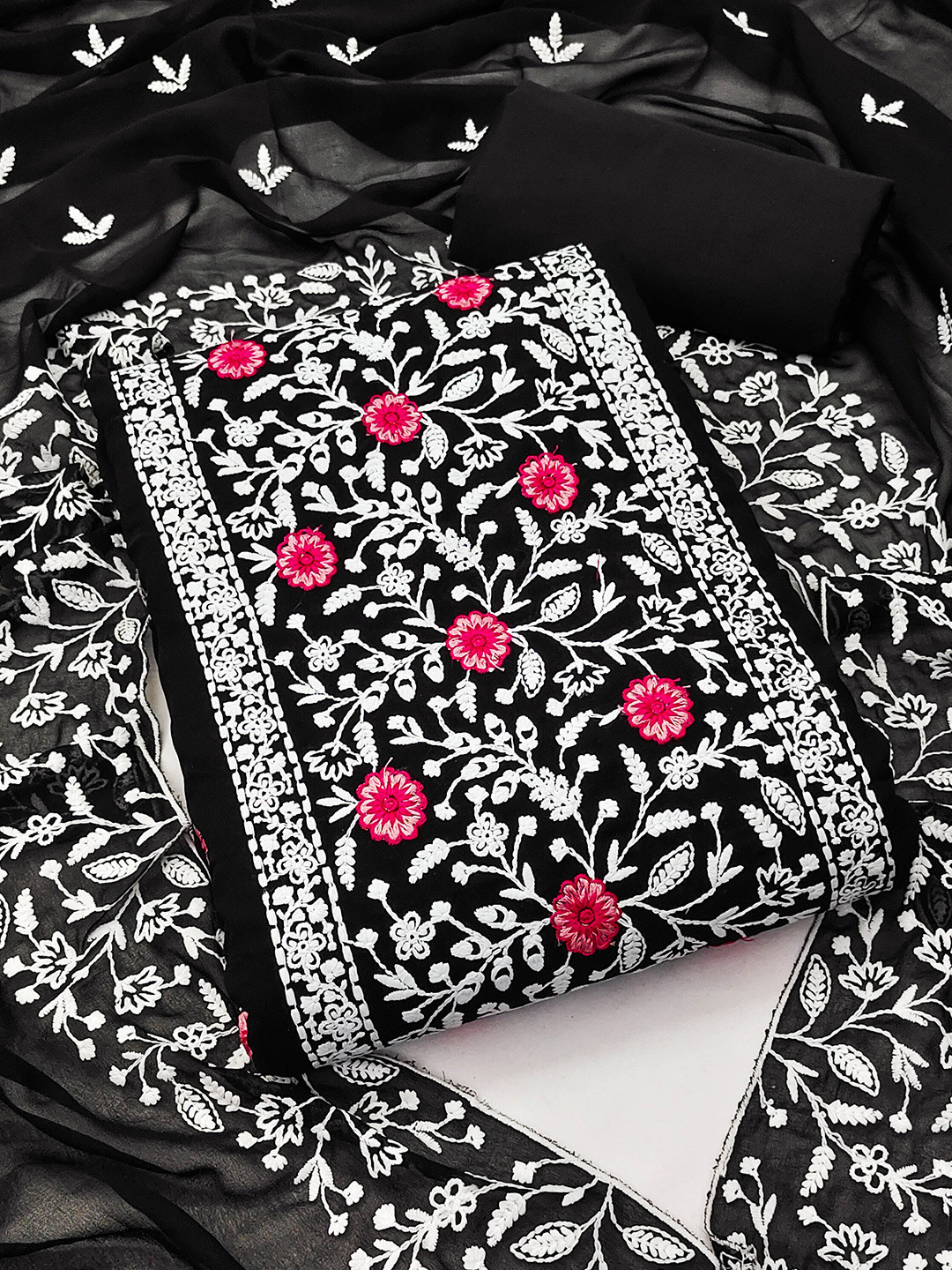 

KALINI Floral Embroidered Silk Georgette Unstitched Dress Material, Black
