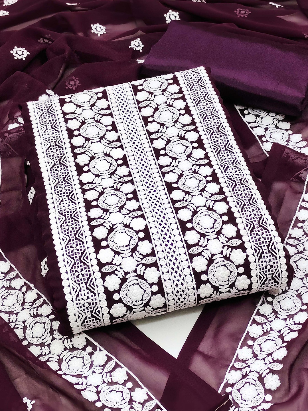 

KALINI Ethnic Motifs Embroidered Unstitched Dress Material, Purple